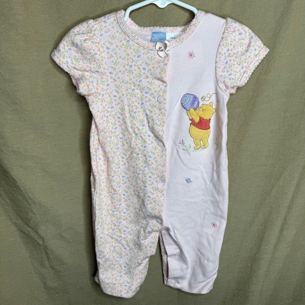Vintage Disney Winnie the Pooh Baby Girl Floral Romper Pink Snap Up 3-6 Months